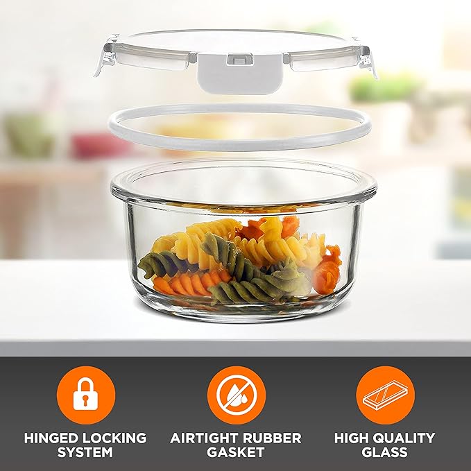 NutriChef Glass Food Storage Containers with Lids - 12 Piece Stackable Heavy Duty Meal Prep Containers - Mixed Sizes for Food, Snacks, Fruit & More - Microwave, Freezer, & Dishwasher Safe (White)