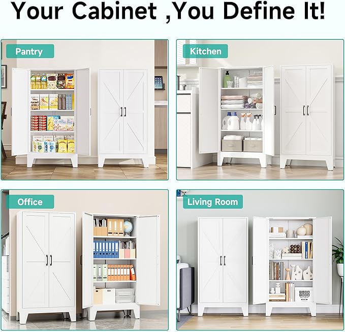 Metal Storage Cabinet with 2 Doors and 3 Shelves,White Pantry Storage Cabinet with Legs,Farmhouse Pantry Cabinets Cupboard,Bathroom Cabinets for Home,Kitchen,Dining/Living Room (47.3" H)