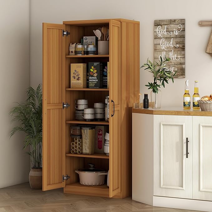 HOMCOM 63" 2-Door Kitchen Pantry, Freestanding Storage Cabinet with 5-Tier Shelving and 2 Adjustable Shelves for Dining Room, Teak Wood Grain