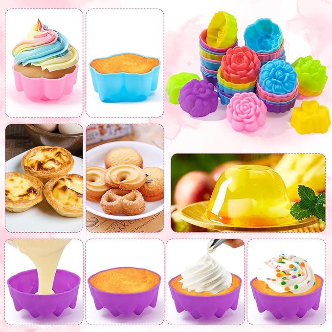 R HORSE Mini Silicone Cupcake Molds - 42Pcs 2 Inch Muti-color Flower-shaped Baking Cups, Reusable Non-Stick Muffin Baking Cups Cupcake Wrappers for Pudding Dessert Donut Oven Dishwasher Microwave Safe