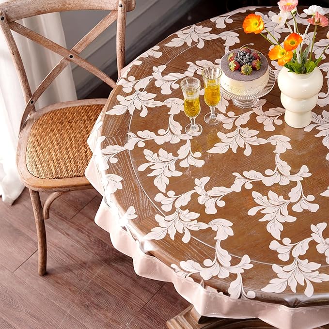 Vinyl Table Cloth Round Clear Table Cover Protector with Block Printed Pattern Oil Spill Proof Farmhouse Rustic Plastic Table Covers for Dining Tables (Scroll Grass, 55 Inches Round)