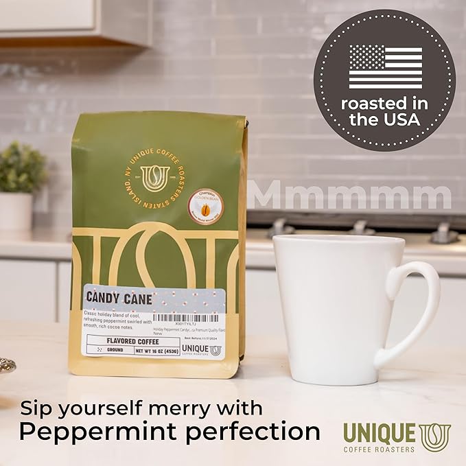Holiday Peppermint Candycane Flavored Ground Coffee, 1 LB (16 oz) bag, Medium Roast, 100% Arabica Premium Quality Flavor