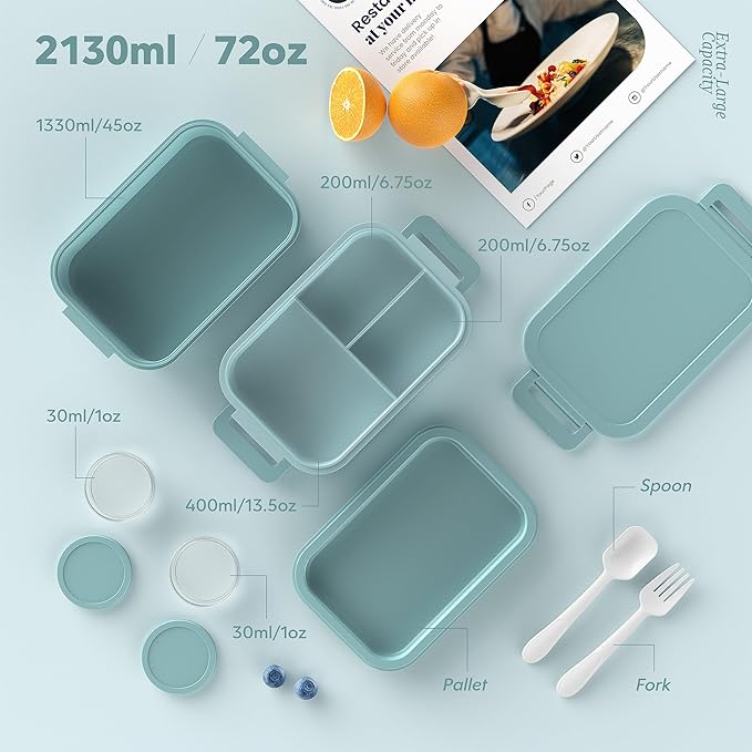 Jelife Bento Box Adult Lunch Box - 72oz Stackable Bento Lunch Box for Adults, 3 Layers All-in-One Large Bento Box Leak-Proof Lunchbox with Utensil Sauce Dressing Containers for Dining Out,Work, Green