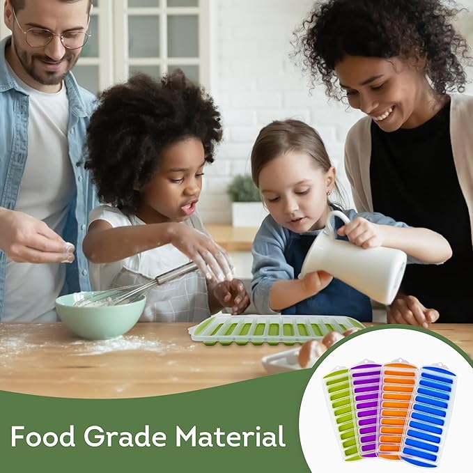 Lily's Home Set of 4 Silicone Ice Cube Tray without Lid, BPA-Free, Ideal for Water Bottles &Sports Bottles,Stackable Design for Quick Release, Skinny Ice Cube Trays for Freezer(11.81"x4.61"x0.75")