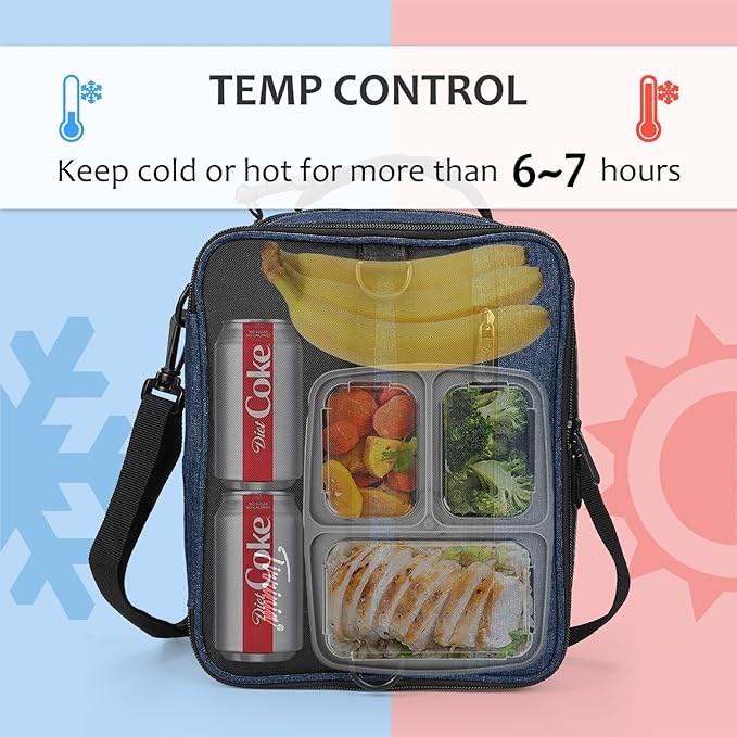 Tirrinia Expandable Insulated Lunch Bag for Men Women – Leakproof Reusable Cooler LunchBox for Kids & Adults with Shoulder Strap, Perfect for Work, School, Office, Travel,Dark Blue