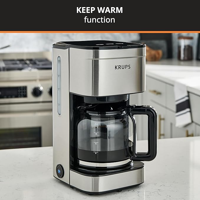 KRUPS Coffee Maker 10 Cups Simply Brew Stainless Steel Drip Coffee Maker, 900 Watts Coffee Filter, Drip Free, Dishwasher Safe Pot , Black & Silver