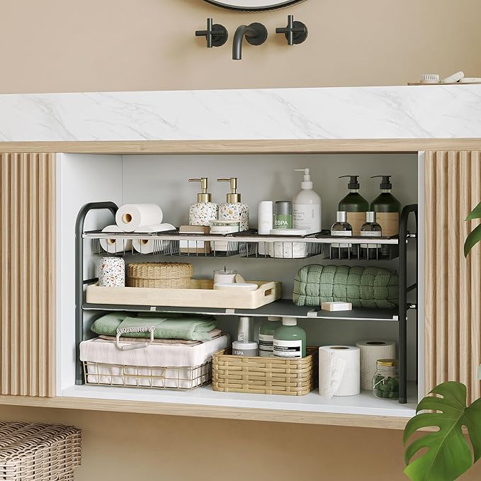 NETEL Under Sink Organizers and Storage, 2 Tier Expandable Under Cabinet Organizer Shelf with 4 Baskets and 4 Panels, Expandable Shelf for Cupboard, Kitchen, Bathroom, Shoe Storage Rack