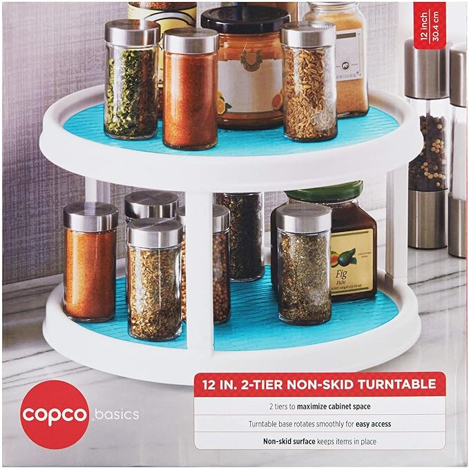 Copco Non-Skid 2 Tier Turntable, 12" - Ideal for Kitchen, Bathroom, Home Office, Laundry Room, Garage, Craft Room, Pantry - Smooth-Glide Lazy Susan Organizer with Nonskid Liner and Raised Rim
