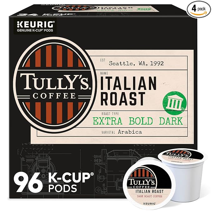 Tully's Coffee Italian Roast Keurig Single-Serve K-Cup Pods, Dark Roast Coffee, 96 Count