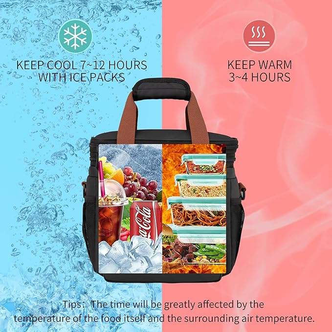 Tactical Lunch Box for Men- Large Insulated Lunch Bag-Expandable Adult Lunch Box with Adjustable Shoulder Strap-Large Lunch Tote Bag for Work Camping Fishing (Black-Leather)