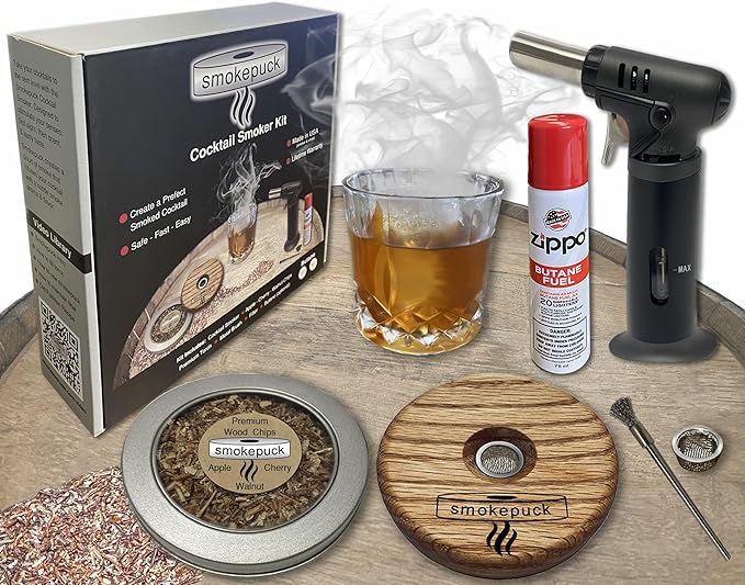 Cocktail Smoker Kit - Made in USA - Lifetime Warrenty - Apple+Cherry+Walnut Wood Chips - Create Smoked Old Fashioned - Great Bourbon Gift - Premium Torch & NEW Gift Box. (Includes Butane)