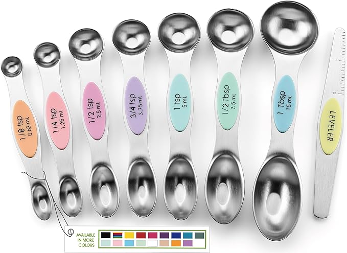 Spring Chef Stainless Steel Magnetic Measuring Spoons Set of 8 with Leveler, Metal Teaspoon & Tablespoon Measuring Spoons for Dry and Liquid Ingredients, Kitchen Gadgets for Baking & Cooking - Pastel