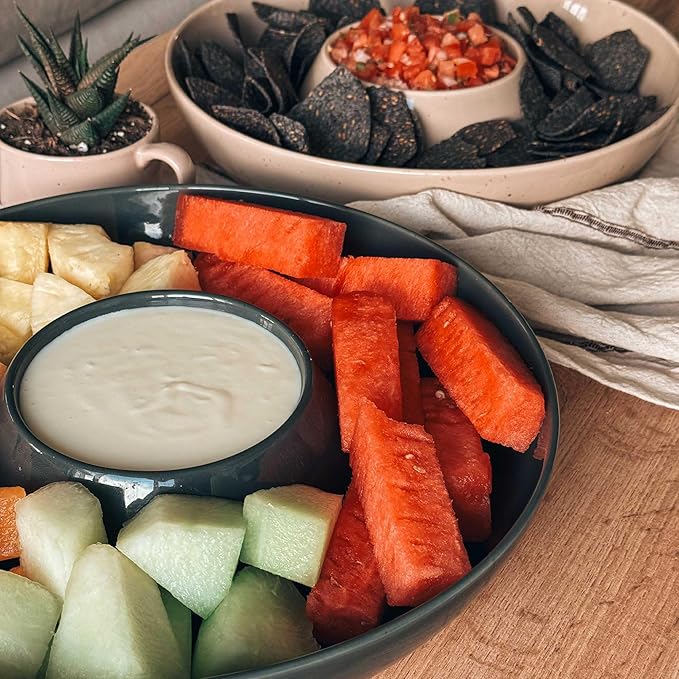 Mora Ceramic Chips and Dip Serving Tray: Large Divided Party Bowl Set for Chips & Salsa, Veggies & Dip, Fruit, Snacks, Entertaining, Hosting, etc. Minimalist Design for the Modern Hostess - Charcoal