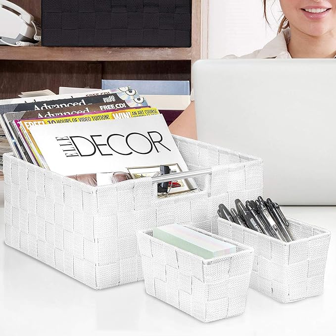 Sorbus Storage Baskets for Organizing (Set of 7), Mesh Hand-Woven Design, Linen Closet Organizers and Storage, Organizer Storage Baskets for Shelves, Variety Pack Organizers and Storage (White)