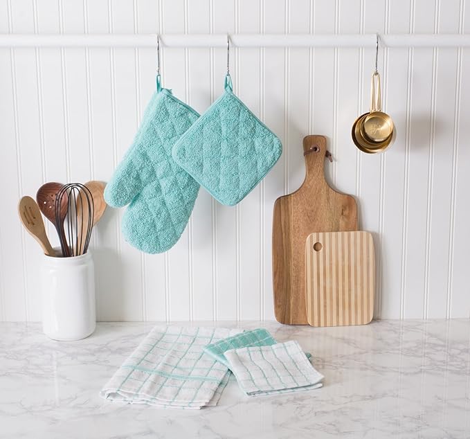 DII Basic Terry Collection 100% Cotton Quilted, Oven Mitt, Aqua, 2 Piece