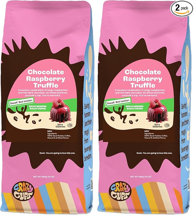 Crazy Cups Flavored Ground Decaf Chocolate Coffee, Decaffeinated Chocolate Raspberry Coffee in 10 oz Bag, For Brewing Flavored Hot or Iced (Pack of 2)