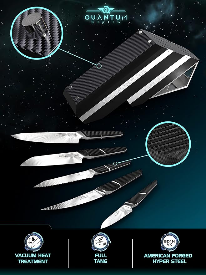 Dalstrong Knife Block Set - 5 Piece - Quantum 1 Series - American Forged BD1N-VX Hyper Steel - Carbon Fibre G10 Hybrid Handle - Professional Kitchen Set - Knife Set