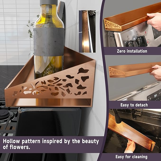 30" Magnetic Stove Top Shelf – Brushed Copper Spice Rack and Seasoning Organizer – Kitchen Shelf for Back of Stove – Over Stove Rack and Storage Organizer