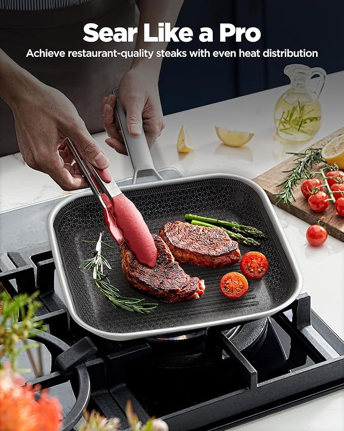 Nonstick Grill Pan,12 Inch Square Steak Grilling Pan for Indoor Cooking & Outdoor Grilling, Non Stick Stainless Steel Grill Skillet Steak Pan, PFOA Free cookware