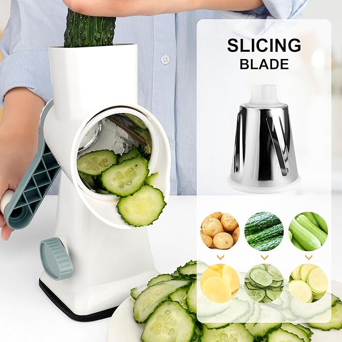 Kaishun Cheese Grater Rotary Cheese Grater Vegetable Chopper Sredder Madonline Stainless Steel with Vacuum Suction Base Multi Functional Kitchen Tool Perfect for Easy Shredding (WhiteCyan)