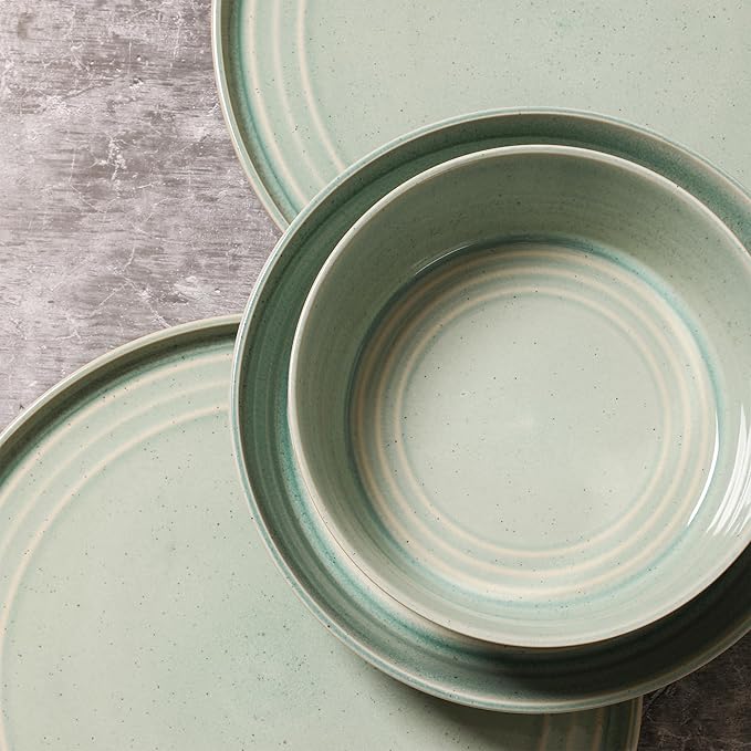 Stone Lain Claire 12-Piece Dinnerware Set Stoneware, Plates and Bowls Set, Dishwasher and Microwave Safe, Dish Set for 4, Green