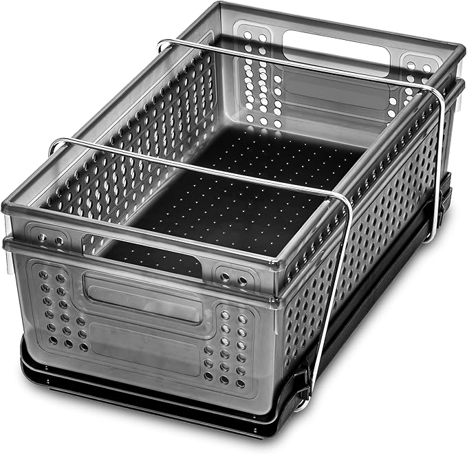madesmart 2-Tier Organizer, Multi-Purpose Slide-Out Storage with Handles and Dividers for Home and Bath, Easy Assembly, BPA Free, Carbon