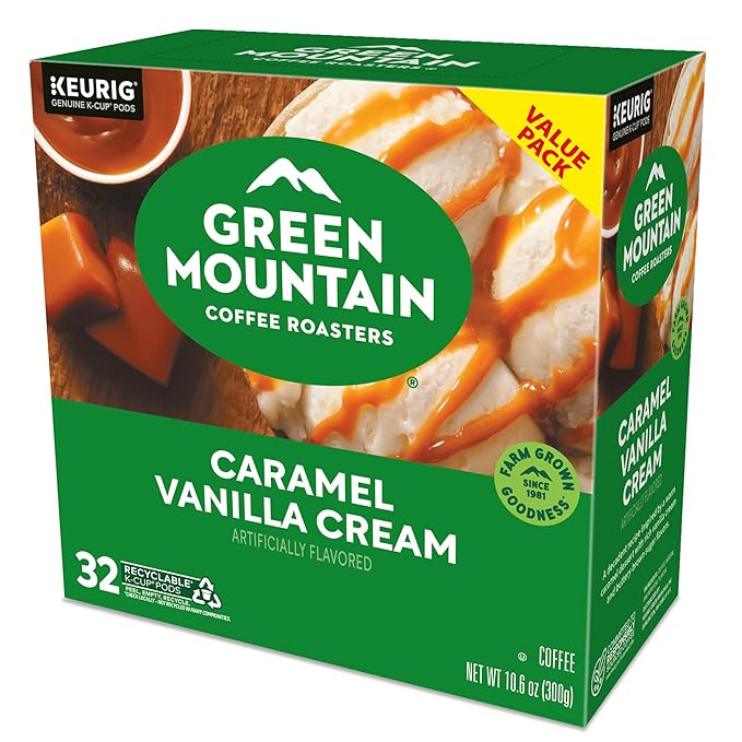 Green Mountain Coffee Roasters Caramel Vanilla Cream, Single-Serve Keurig K-Cup Pods, Flavored Light Roast Coffee Pods, 32 Count