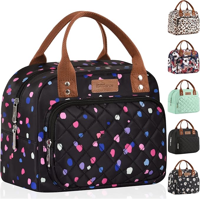 HOMESPON Lunch Bag for Woman Man Adults with Front Pocket Insulated Lunch Tote Lunch Box Container for Work Picnic or Travel(Multi Dots)