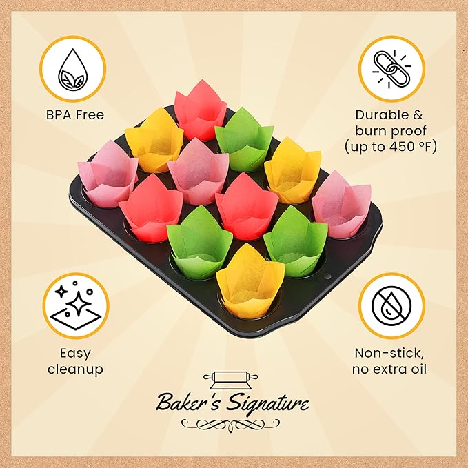 Tulip Cupcake Liners, Muffin Liners for Baking by Baker’s Signature – 200pcs of Parchment Paper Cups Cupcake Wrappers – Perfect Size, Sturdy, Greaseproof & Easy to Use – Colorful