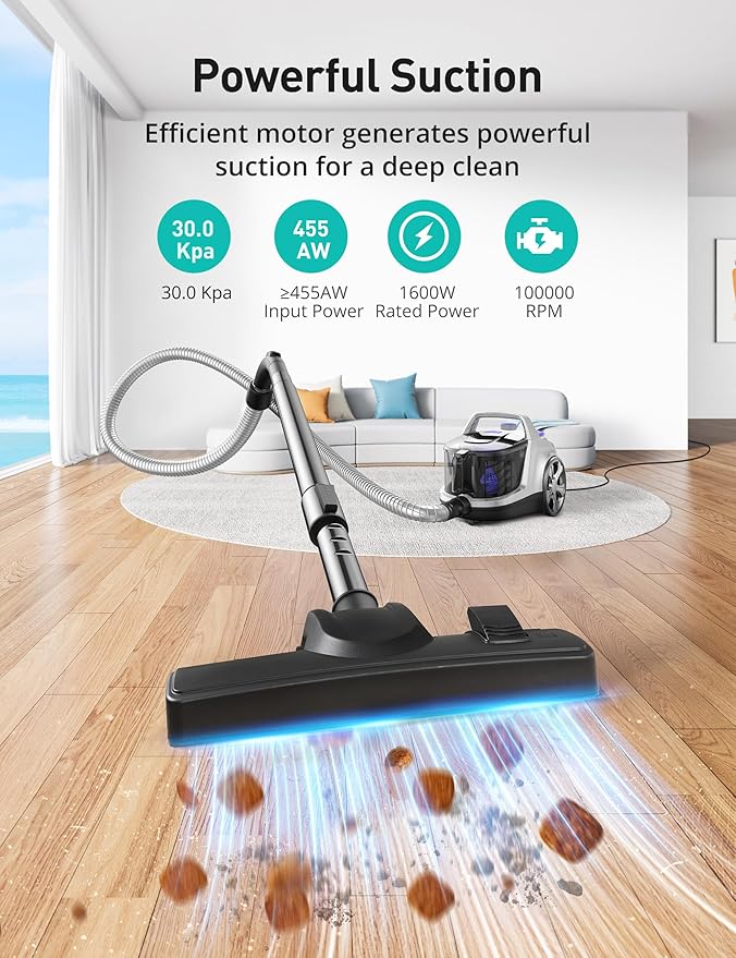 Aspiron Canister Vacuum Cleaner, 30Kpa Bagless Vacuum Cleaners, 3.7QT Large Dust Cup, Double HEPA Filter, Retractable Cord, 1600W Lightweight Vacuum Cleaner with 5 Tools for Hard Floors, Lavender