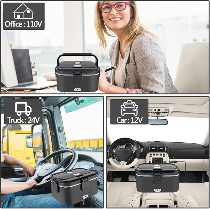 Nifogo Electric Lunch Box for Adults 80W 1.8L, Faster Heated Lunch Box for Men, Portable Electric Lunch Boxes Food Heater 12V/24V/110V Heating LunchBox for Car/Truck/Work with Bag(1.8L-Black)