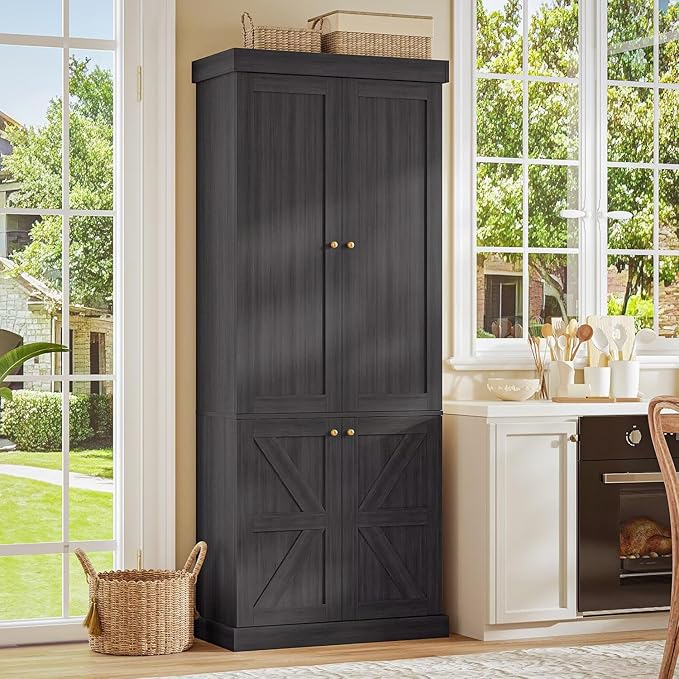 70.8" Tall Bookshelf with Doors, Farmhouse Modular Bookcase with 4-Tier Adjustable Shelves, Large Storage Cabinet for Home Office, Living Room, Black