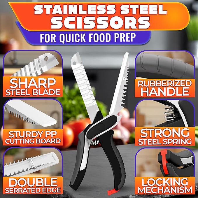 Cutting Board Scissors for Food – 6-in-1 Kitchen Food Scissors with Ribbed Blade, Automatic Spring & Safety Lock, Dishwasher Safe – Kitchen Shears for Easy Slicing of Meat, Fish, Veggies Fruits, Bread