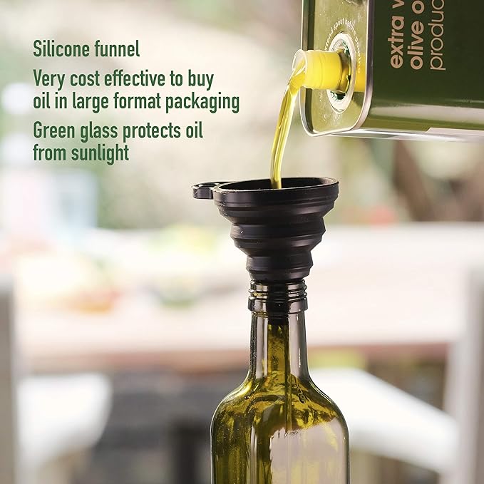 Poura Glass Olive Oil Bottle Drizzler with Pourer Spout - BPA Free Hygienic Open and Close Pourer Prevents Oxidation Keeping Olive Oil Fresh - Includes Funnel for No Mess Or Wastage