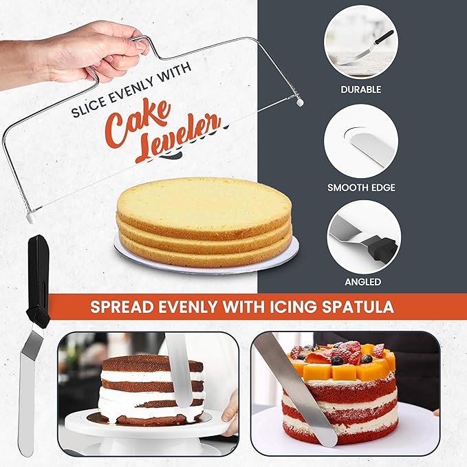 RFAQK 100PCs Anodized Aluminum Cake Pans Sets for Baking - 8 inch Round Cake Pans with Cake Leveler, Piping Bags, Icing Tips, 30 Parchment Papers, 40 Cupcake Liners & Icing Spatula for Cake Decorating