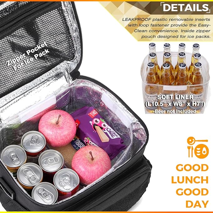 DBTAC Tactical Lunch Bag for Men Women, 12 Cans Insulated Lunch Box for Adult | 9L Leakproof Lunch Cooler Tote for Work Office Outdoor Travel | Soft Easy To Clean Liner x2, Urban Black