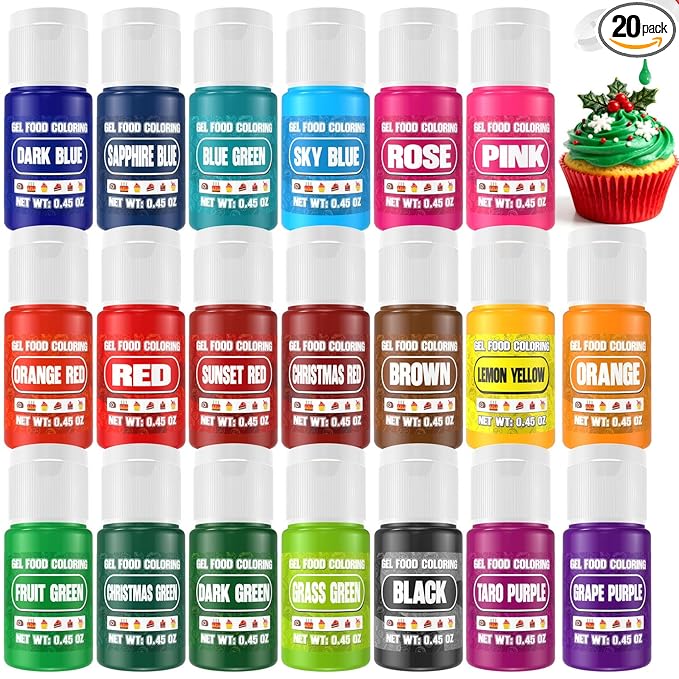 Gel Food Coloring - 20 Colors Gel Food Dye Set, Flavorless Vibrant Edible Concentrated Coloring for Christmas Baking, Cake, Cookie, Fondant, Icing, Macaron, Frosting - 0.45 Fl.Oz Bottles
