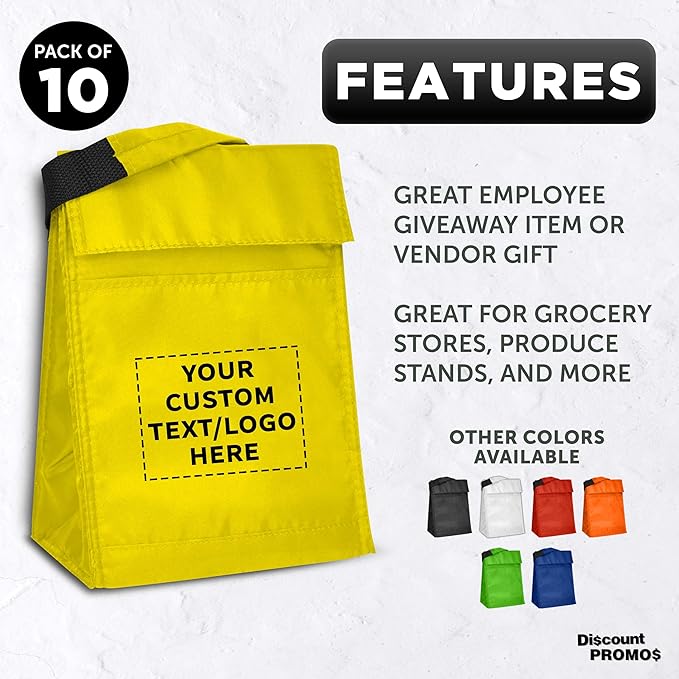 DISCOUNT PROMOS 10 Hook and Loop Insulated Lunch Bags Set - Customizable Text, Logo - Polyester, Durable, Vibrant, Reusable - Yellow