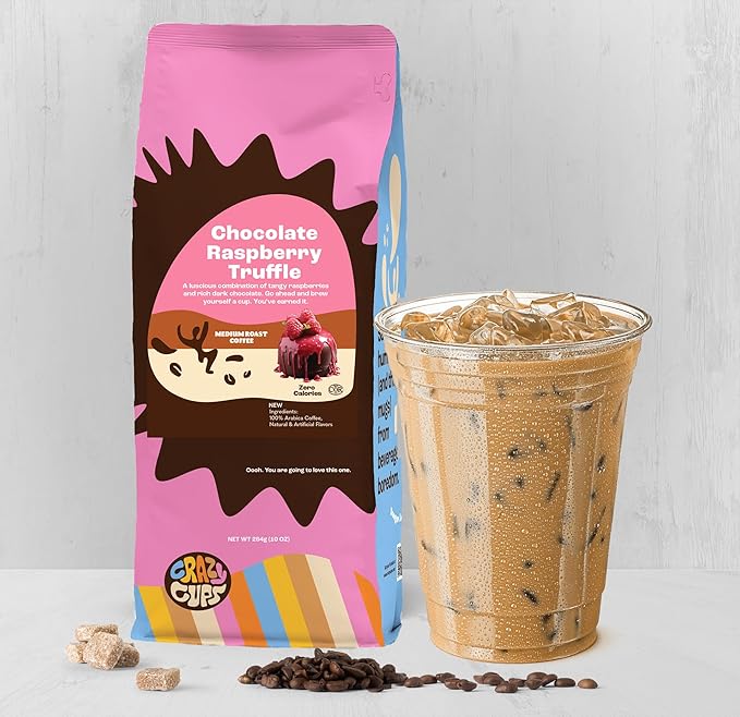 Crazy Cups Flavored Ground Chocolate Coffee, Chocolate Raspberry Coffee in 10 oz Bag, For Brewing Flavored Hot or Iced