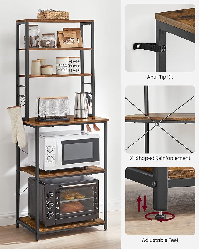 VASAGLE Coffee Bar, Baker’s Rack for Kitchen with Storage, 6-Tier Kitchen Shelves with 6 Hooks, Microwave Stand, Industrial, 15.7 x 23.6 x 65.7 Inches, Rustic Brown and Black UKKS024B01