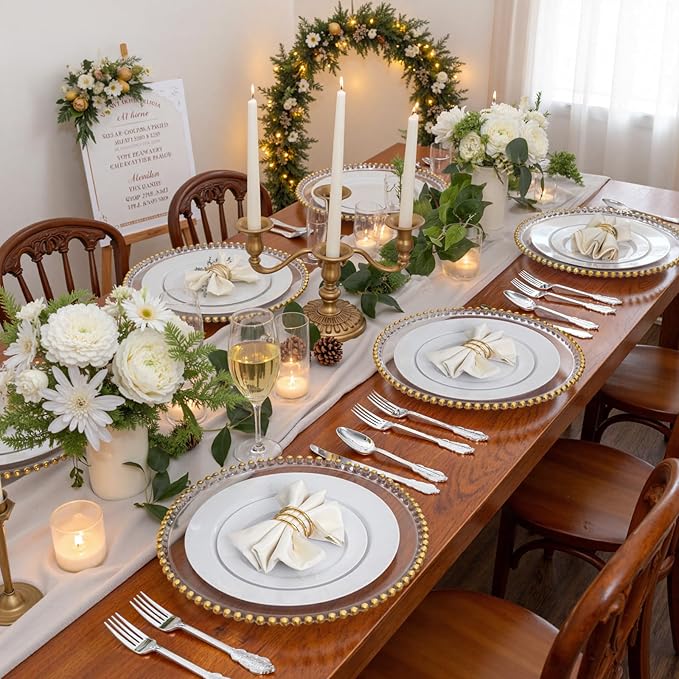WDF 200 Pieces Silver Plastic Silverware Disposable - 50Guests Silverware Plastic Cutlery - Disposable Utensils Includes 100 Forks, 50 Spoons, 50 Knives Perfect for Christmas Wedding or Party