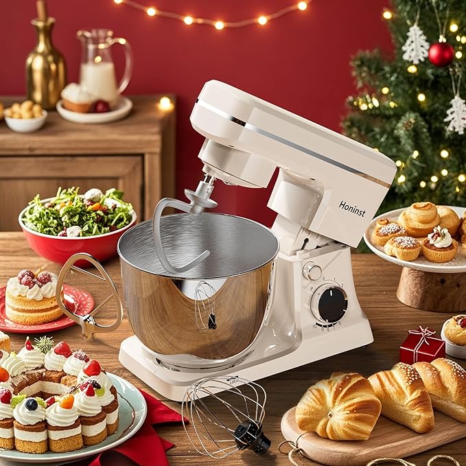 Stand Mixer, 10-Speed Kitchen Electric Mixer, 6QT Food Mixer with 8-in-1 Splash Guard, Dishwasher-Safe Dough Hook/Whisk/Beater/Spatula, Dough Mixers for Baking, Beige