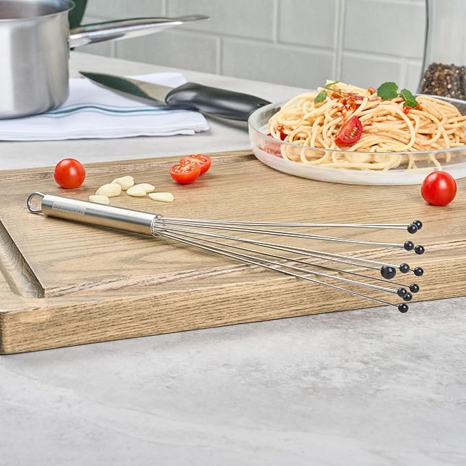 Restaurantware-German Standard 12.6 Inch Ball Whisk, 1 Kitchen Whisk With Silicone Balls - Ergonomic Handle, Dishwashable, Stainless Steel Manual Egg Beater, Durable, For Whisking, Stirring, Mixing