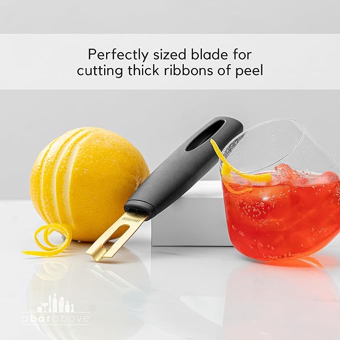 A Bar Above Black Handle Gold Blade Channel Knife, Premium Stainless Steel Garnish Tool for Cocktails, Citrus Peeler, Lemon Zester, Chef Tool for Garnishing and Drink Presentation