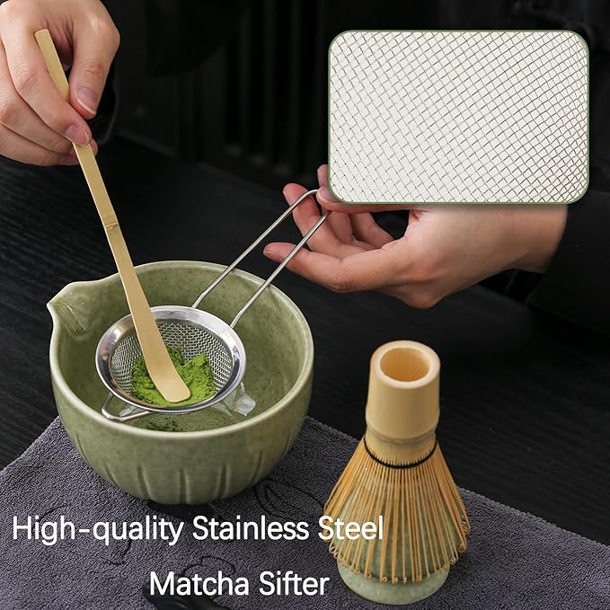 TANG PIN 10Pcs Matcha Whisk Set, 15 OZ Matcha Bowl, Matcha Whisk and Stand, Scoop, Sifter, Spoon, Coaster, Cleaning Brush and Tea Towel, Perfect Matcha Kit for Tea Ceremony