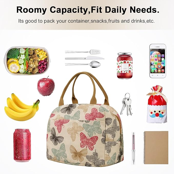 EurCross Beige Butterfly Lunch Bag for Women Work Daily Use Necessaries Storage, Reusable Medium Adult Lunch Tote Sack Bag for Bento Box with Insulated Liner