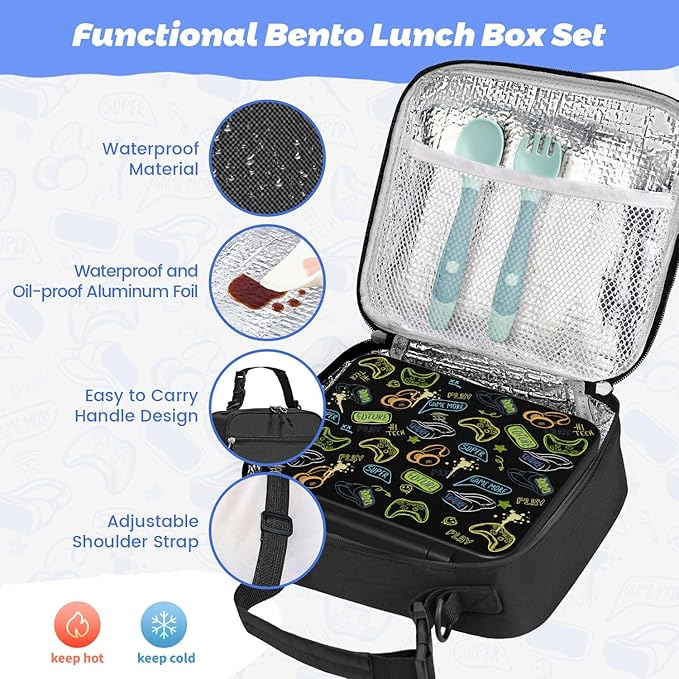 Kids Bento Lunch Box with Thermos, Leakproof Toddler Bento Box with 9 OZ Insulated Food Jar, Lunch Bag & Utensils 3 or 4 Compartment Container for School Girls Boys