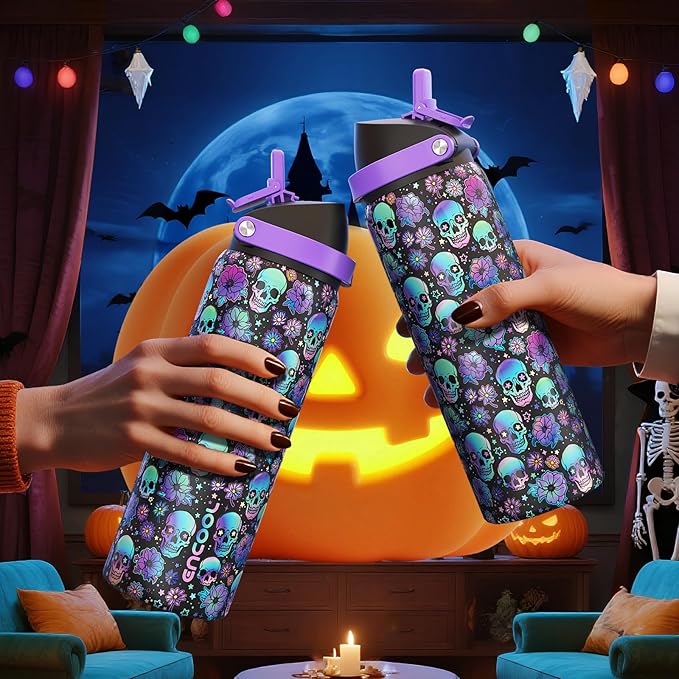 Halloween Insulated Water Bottle with Straw - Stainless Steel Water Bottle with Push Button Lid, Leak-Proof BPA-Free, Keeps Cold for 24 Hours for Halloween gifts, Party (24 oz, Floral Afterlife)