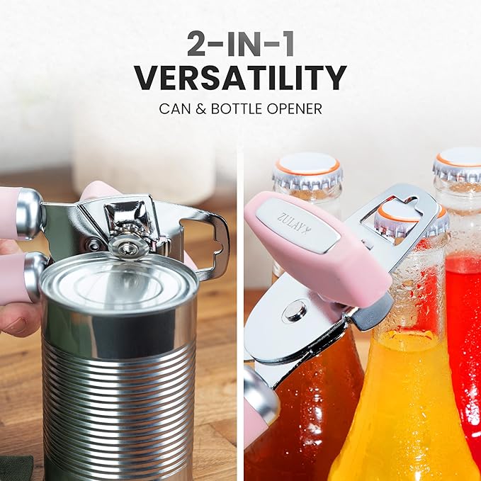 Zulay Kitchen Heavy Duty Stainless Steel Can Opener Manual with Bottle Opener - Rust Proof Manual Can Opener With Turn Knob & Comfy Soft Grip Handles - Light Pink