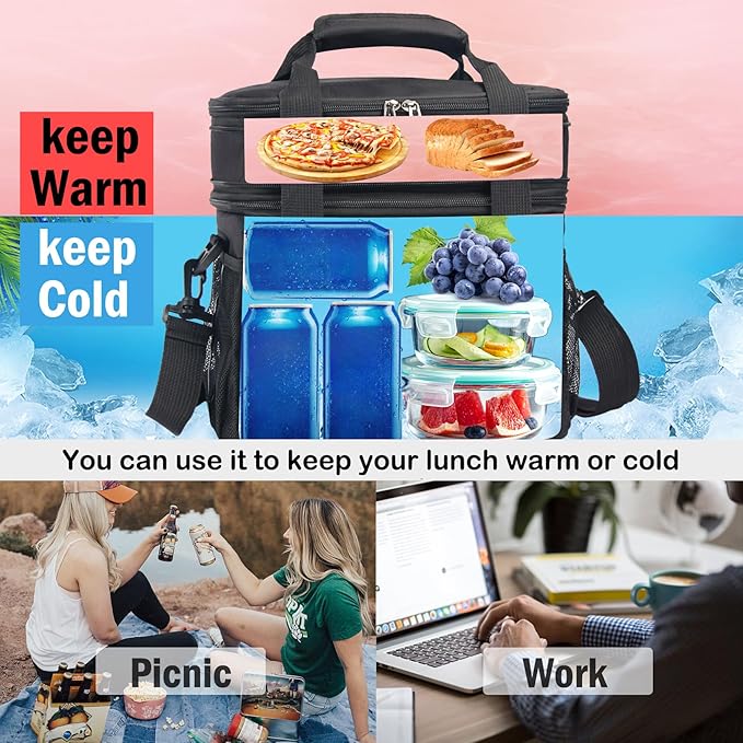 Lunch Box For Men/Women,Large Double-layer Insulated Expandable Reusable Leakproof Cooler Bags For Adults,Lunch Bag With Adjustable Shoulder Strap For Office Travel Picnic(Green)